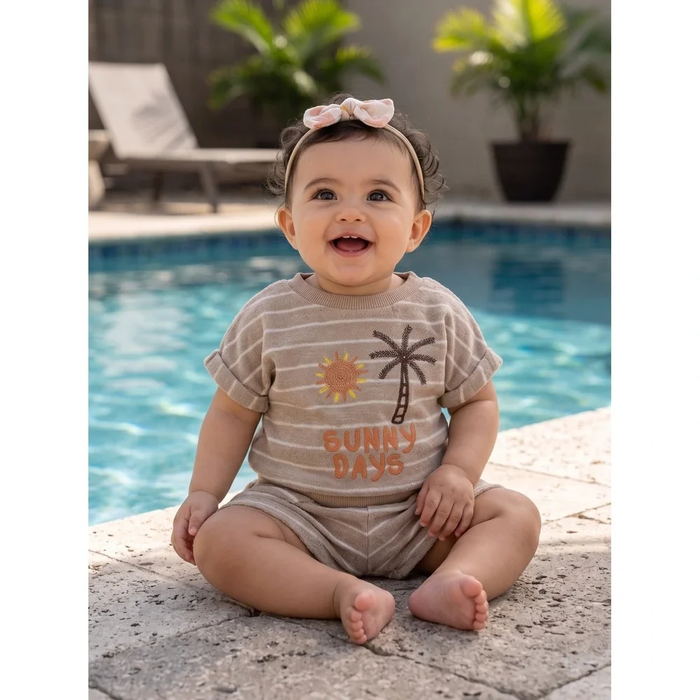 Rabbit Bear Organic Sunny Days Striped Terry Henley & Shorts Set 6-9M